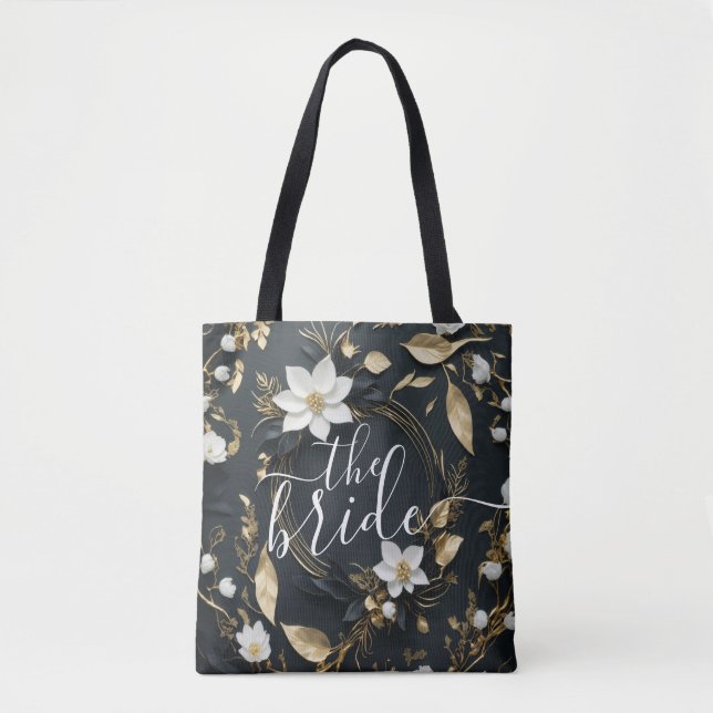 Black White & Gold Floral Wreath Wedding The Bride Tote Bag (Front)