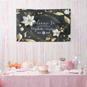 Black White Gold Floral Wreath Wedding Welcome Banner
