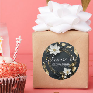 Black White Gold Floral Wreath Wedding Welcome Classic Round Sticker