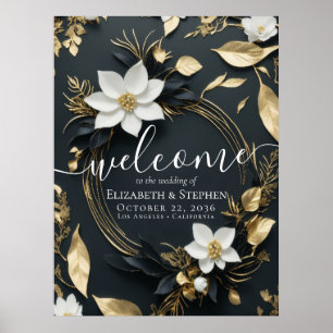 Black White Gold Floral Wreath Wedding Welcome Poster