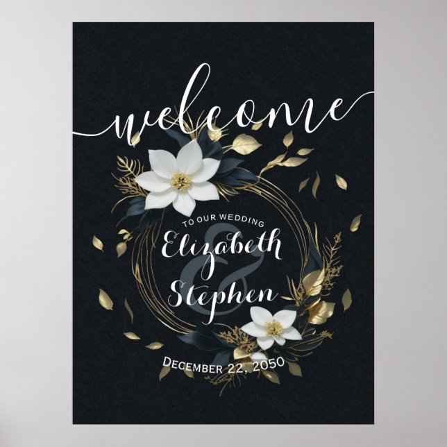 Black White Gold Floral Wreath Wedding Welcome Poster (Front)