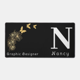 Black white gold flower butterfly minimalist desk mat