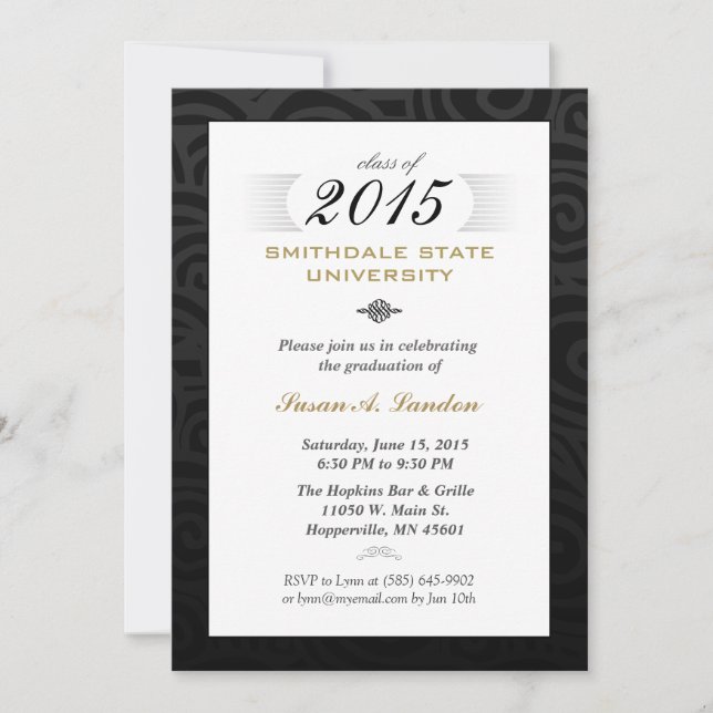 Black White & Gold (for her) Elegant Grad Invite (Front)