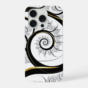 Black White Gold Fractal Spiral Luxury Art iPhone 15 Pro Case