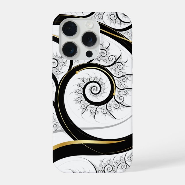 Black White Gold Fractal Spiral Luxury Art iPhone Case (Back)