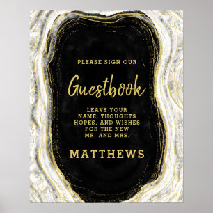 Black White & Gold Geode Agate Guestbook Sign