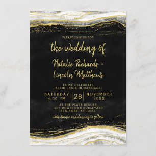 Black White & Gold Geode Agate Marble Wedding Invitation