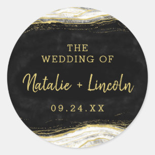 Black White & Gold Geode Agate Monogram Wedding Classic Round Sticker