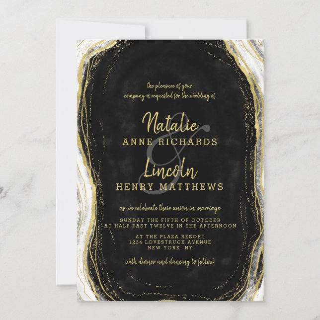 Black White & Gold Geode Agate Slice Wedding Invitation (Front)