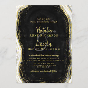 Black White & Gold Geode Agate Slice Wedding Invitation