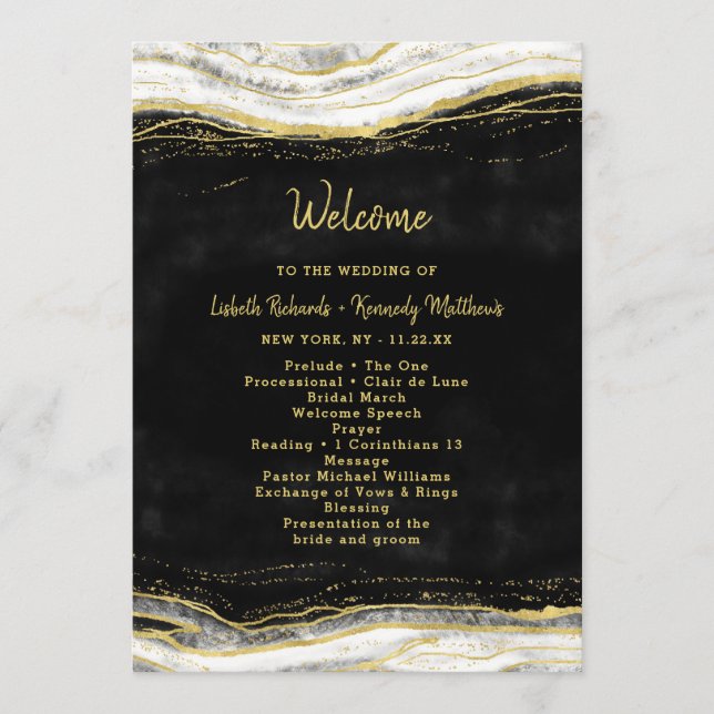 Black White & Gold Geode Agate Wedding Ceremony Programme (Front)