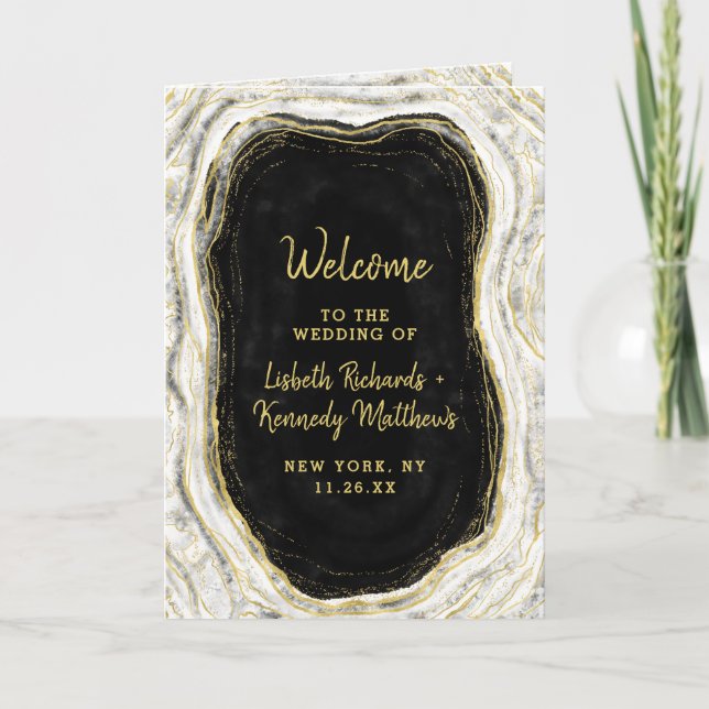 Black White & Gold Geode Agate Wedding Ceremony Programme (Front)