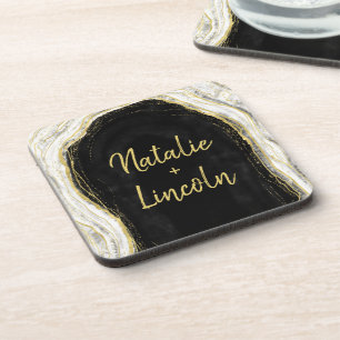 Black White & Gold Geode Agate Wedding Monogram Coaster