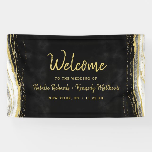 Black White & Gold Geode Agate Wedding Welcome Banner (Horizontal)