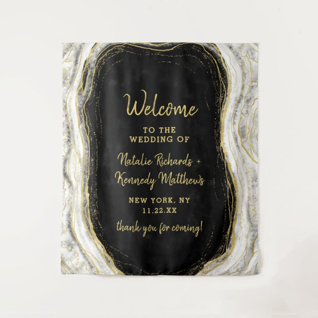 Black White & Gold Geode Agate Wedding Welcome Tapestry (Front)