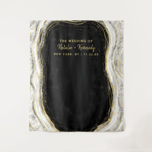 Black White & Gold Geode Rock Photo Booth Backdrop Tapestry (Front)
