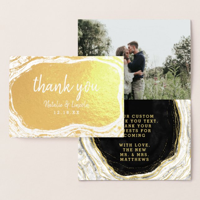 Black White & Gold Geode Thank You Wedding Photo Foil Card (Display)