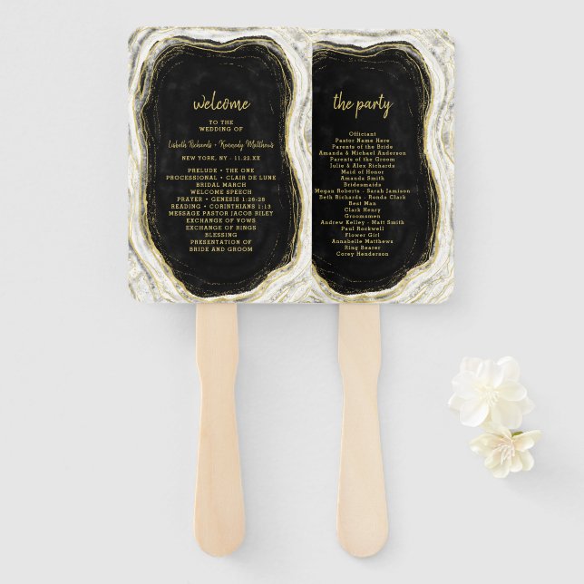 Black White & Gold Geode Wedding Ceremony Program Hand Fan (Front and Back)
