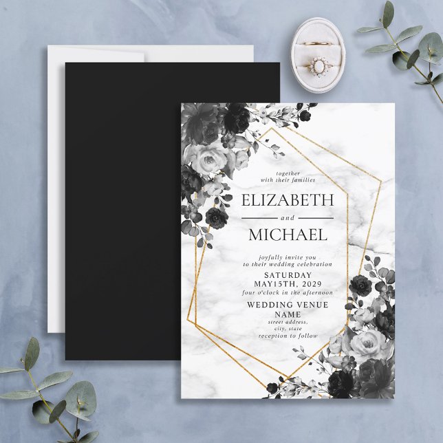Black White Gold Geometric Marble Floral Wedding Invitation (Creator Uploaded)