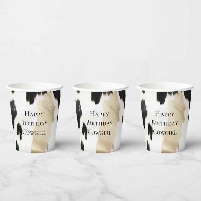 Black White Gold Glam Cowhide Southwest Birthday Paper Cups (Multi)