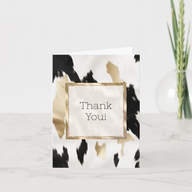 Black White Gold Glam Cowhide Southwest Thank You Card (Front)