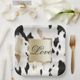 Black White Gold Glam Cowhide Southwest Wedding Paper Plate