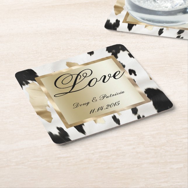 Black White Gold Glam Cowhide Southwest Wedding Square Paper Coaster (Angled)
