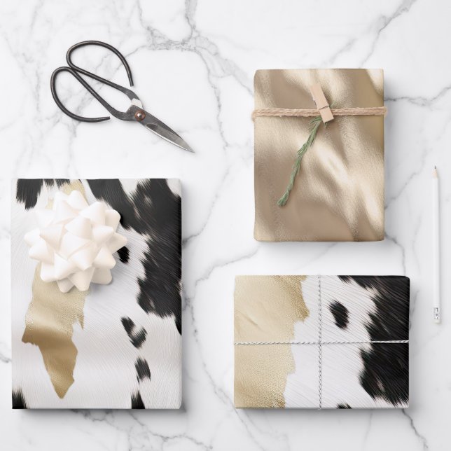 Black White Gold Glam Cowhide Southwest Wedding Wrapping Paper Sheet (Front)