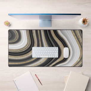 Black White Gold Glitter Abstract Pattern Cool Desk Mat