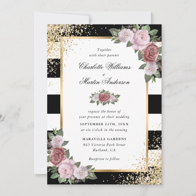 Black White Gold Glitter Blush Pink Floral Wedding Invitation (Front)