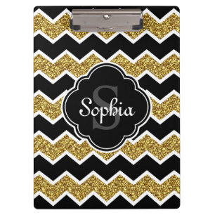 Black White Gold Glitter Chevron Pattern Clipboard