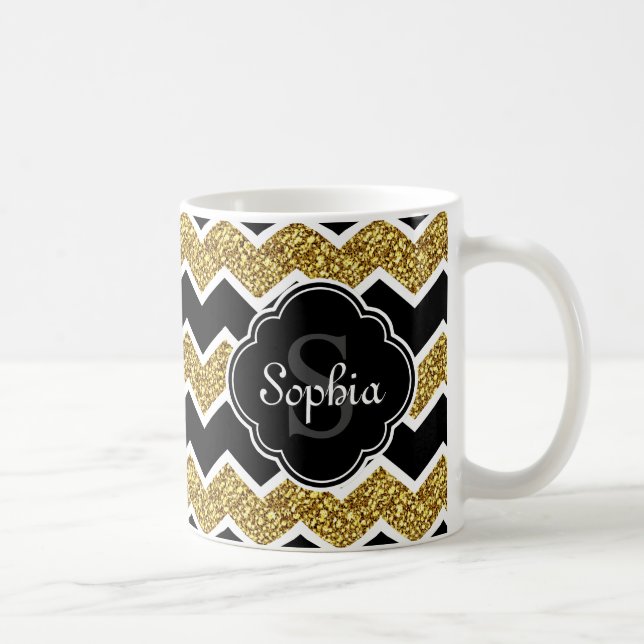 Black White Gold Glitter Chevron Pattern Coffee Mug (Right)