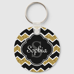 Black White Gold Glitter Chevron Pattern Key Ring