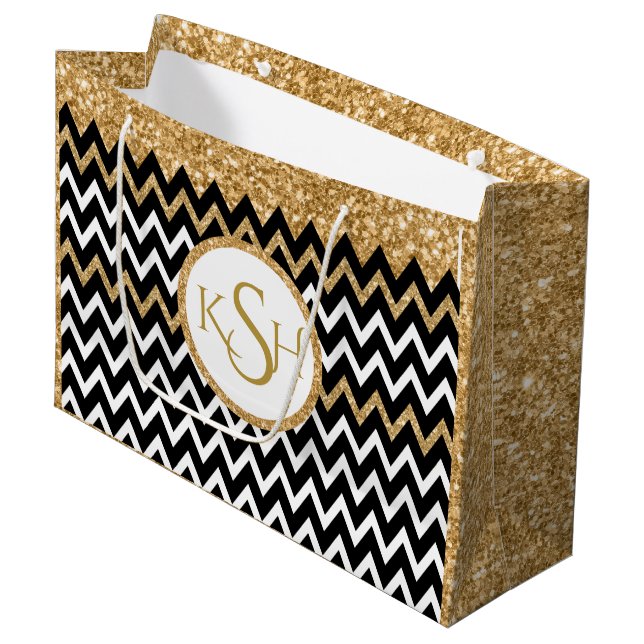 Black White & Gold Glitter Chevron Pattern Large Gift Bag (Front Angled)