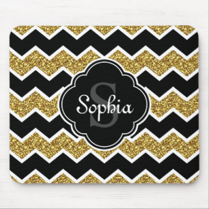 Black White Gold Glitter Chevron Pattern Mouse Mat