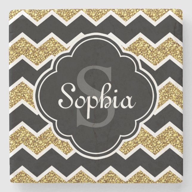 Black White Gold Glitter Chevron Pattern Stone Coaster (Front)
