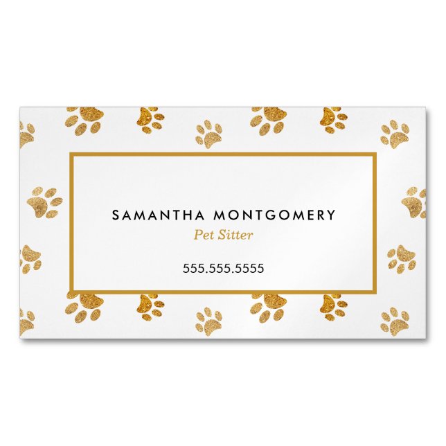 Black White Gold Glitter Paw Prints Pet Sitter Magnetic Business Card (Front)