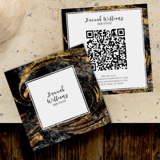 Black & white Gold Glitter Qr Code Abstract Marble Square Business Card (Creator Uploaded)