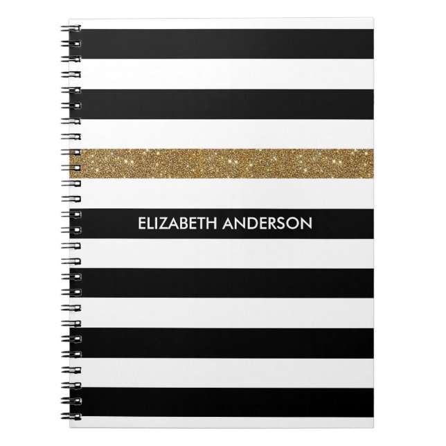 Black White Gold Glitter Stripe Name Notebook (Front)