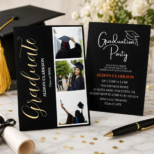 Black & White Gold Graduation 2025 3 Photos Party Invitation