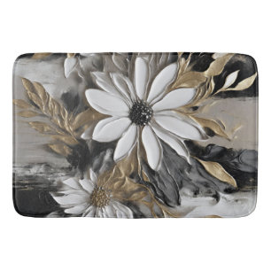 Black White Gold Grey Floral Print Bath Mat