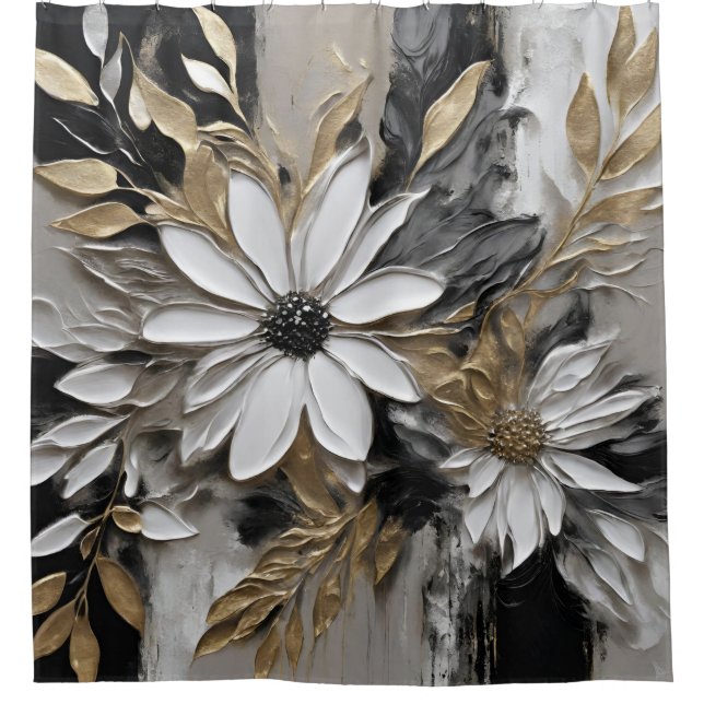 Black White Gold Grey Floral Print Shower Curtain (Front)