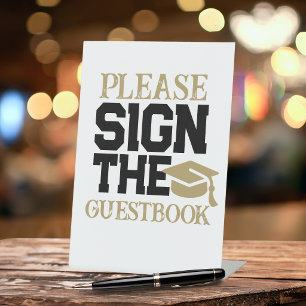 Black, White & Gold Guestbook Graduation Table Pedestal Sign
