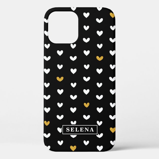 Black White Gold Heart Pattern with Custom Name Case-Mate iPhone Case (Back)