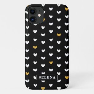Black White Gold Heart Pattern with Custom Name iPhone 11 Case