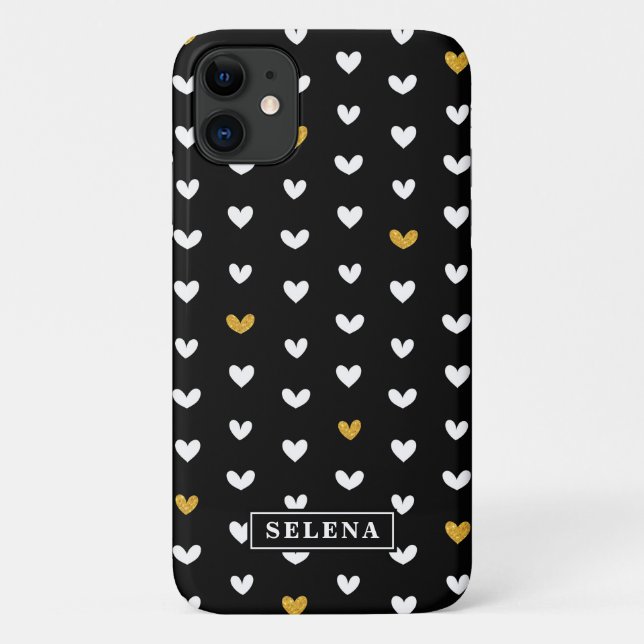 Black White Gold Heart Pattern with Custom Name Case-Mate iPhone Case (Back)