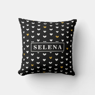 Black White Gold Heart Pattern with Custom Name Cushion