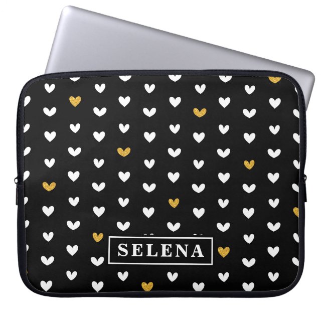 Black White Gold Heart Pattern with Custom Name Laptop Sleeve (Front)