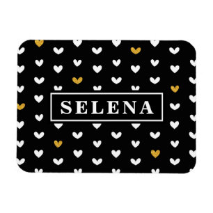 Black White Gold Heart Pattern with Custom Name Magnet