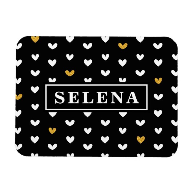 Black White Gold Heart Pattern with Custom Name Magnet (Horizontal)